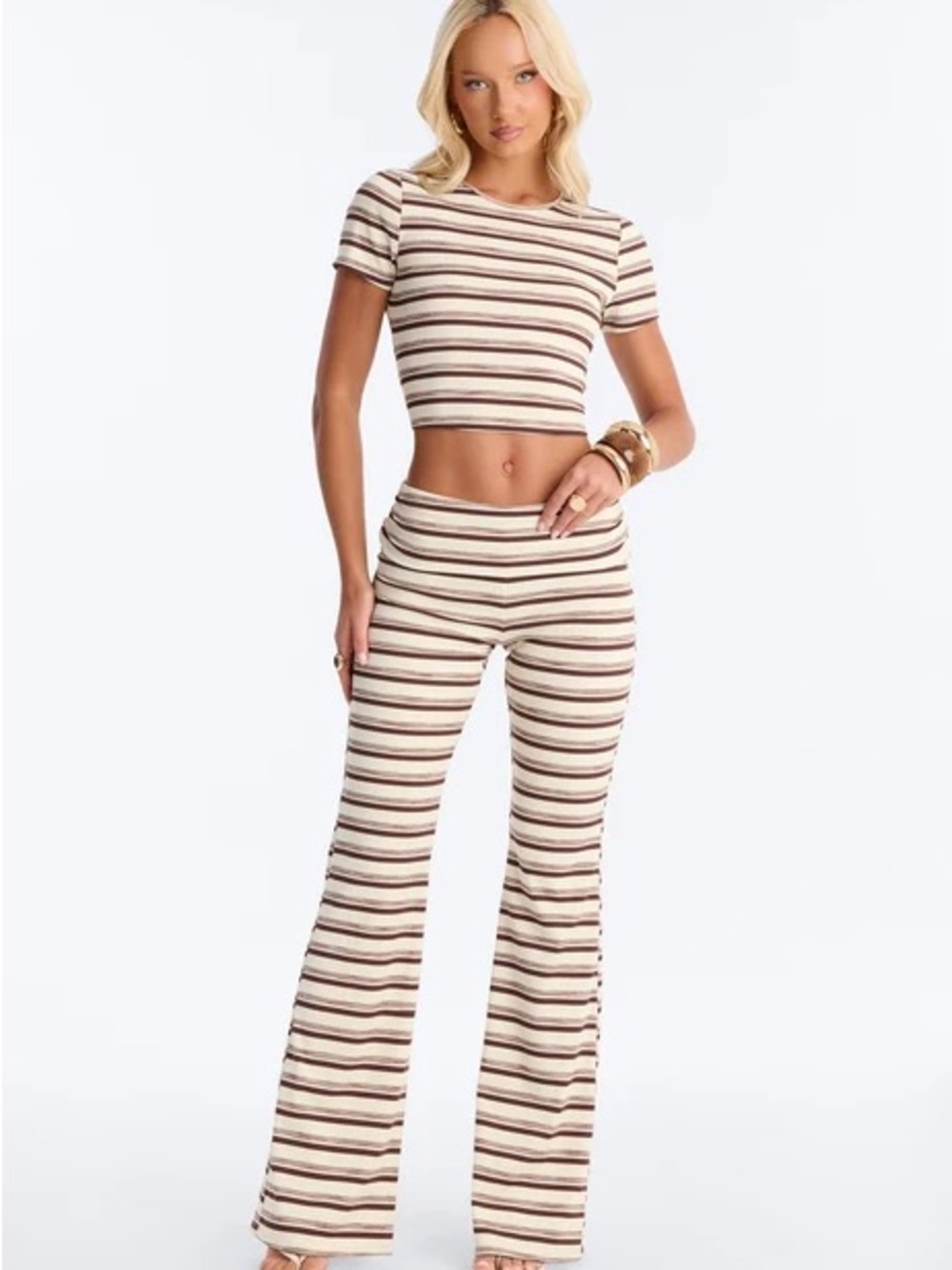 Striped Crop Top & Flare Pants Set - Cream/Brown